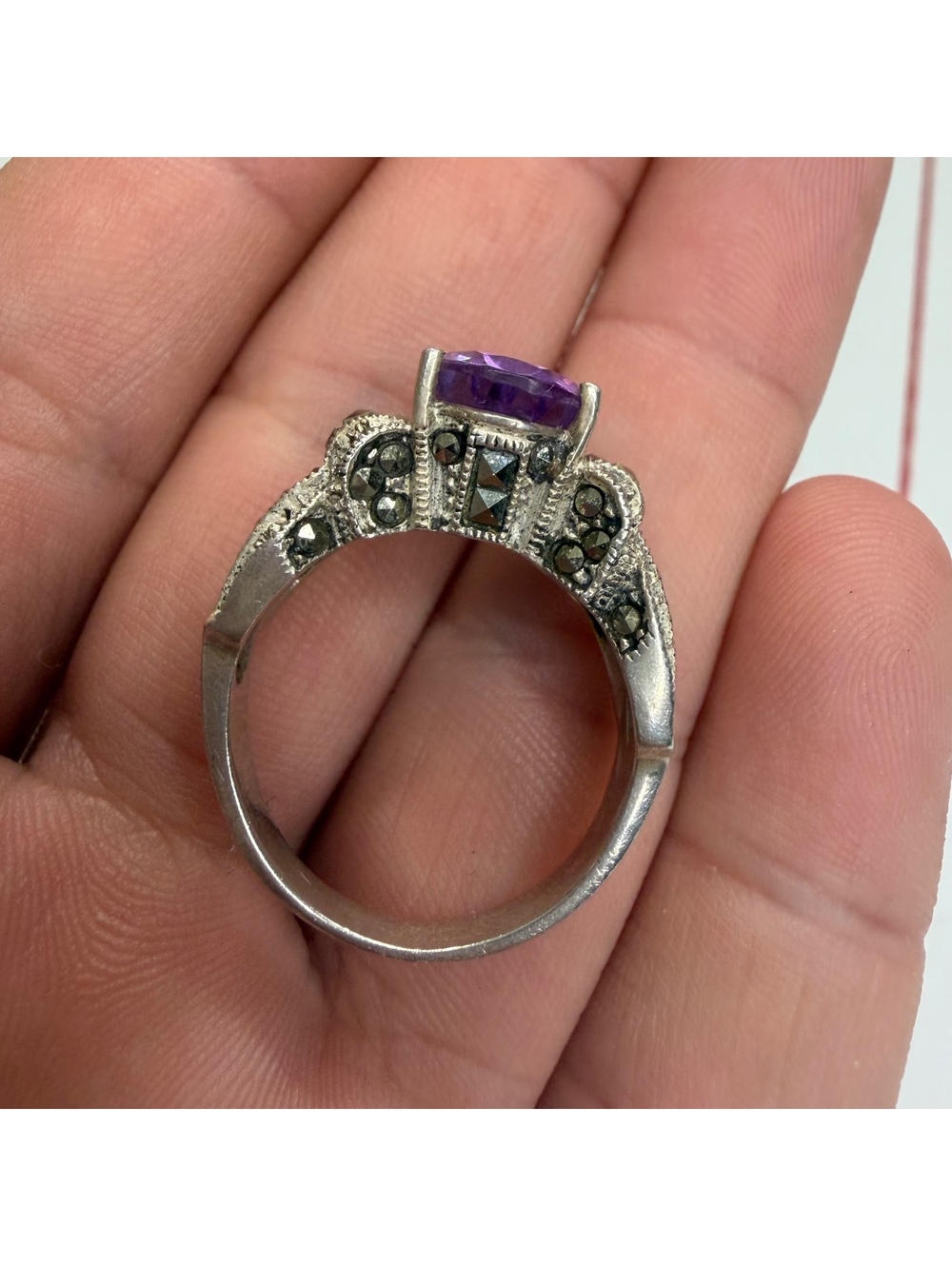 Judith Jack amethyst marcasite & sterling ring size 8 vintage - Picture 5 of 6